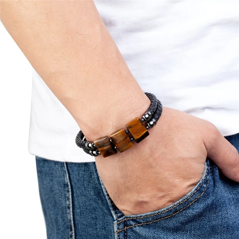 Luxury Stainless Steel Leather Natural Tiger Eye Stone Bracelet