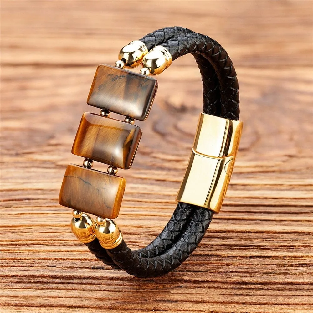 Luxury Stainless Steel Leather Natural Tiger Eye Stone Bracelet