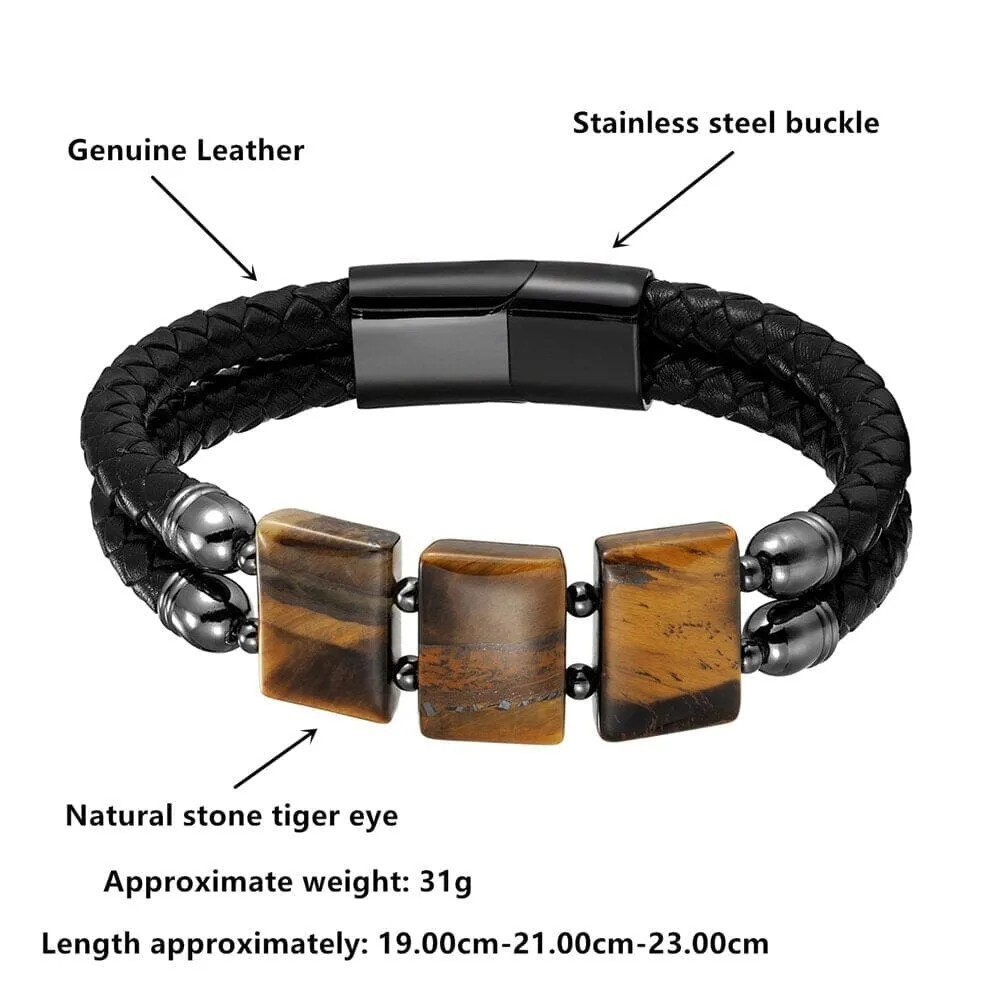 Luxury Stainless Steel Leather Natural Tiger Eye Stone Bracelet