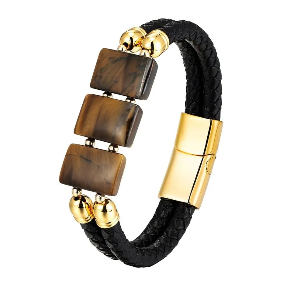 Luxury Stainless Steel Leather Natural Tiger Eye Stone Bracelet