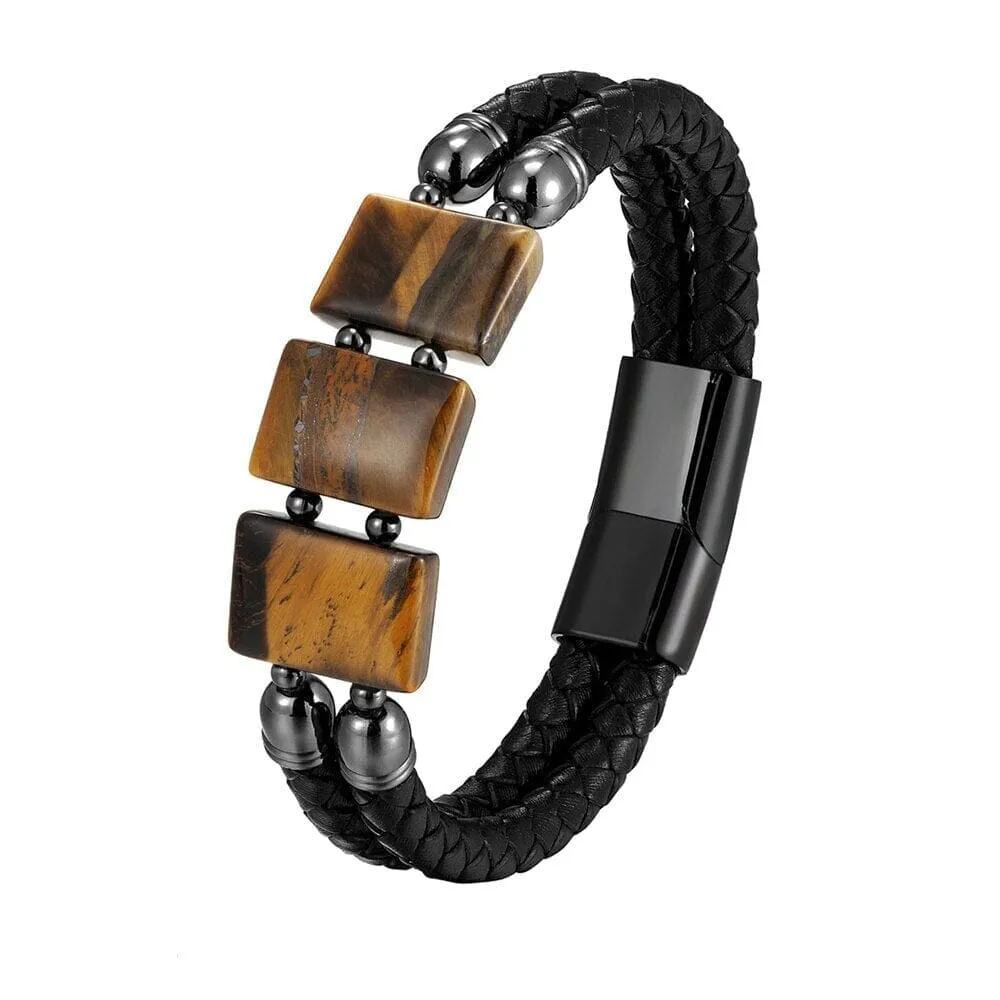 Luxury Stainless Steel Leather Natural Tiger Eye Stone Bracelet