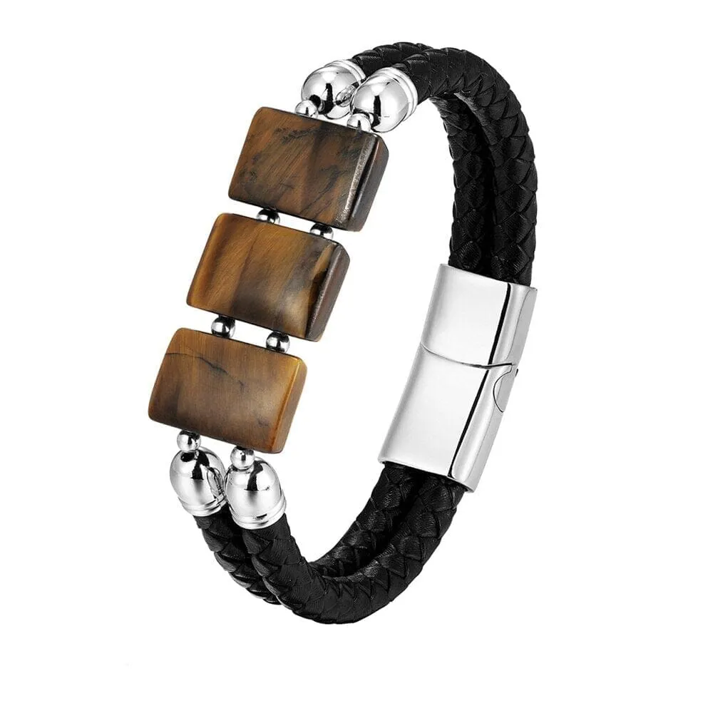 Luxury Stainless Steel Leather Natural Tiger Eye Stone Bracelet