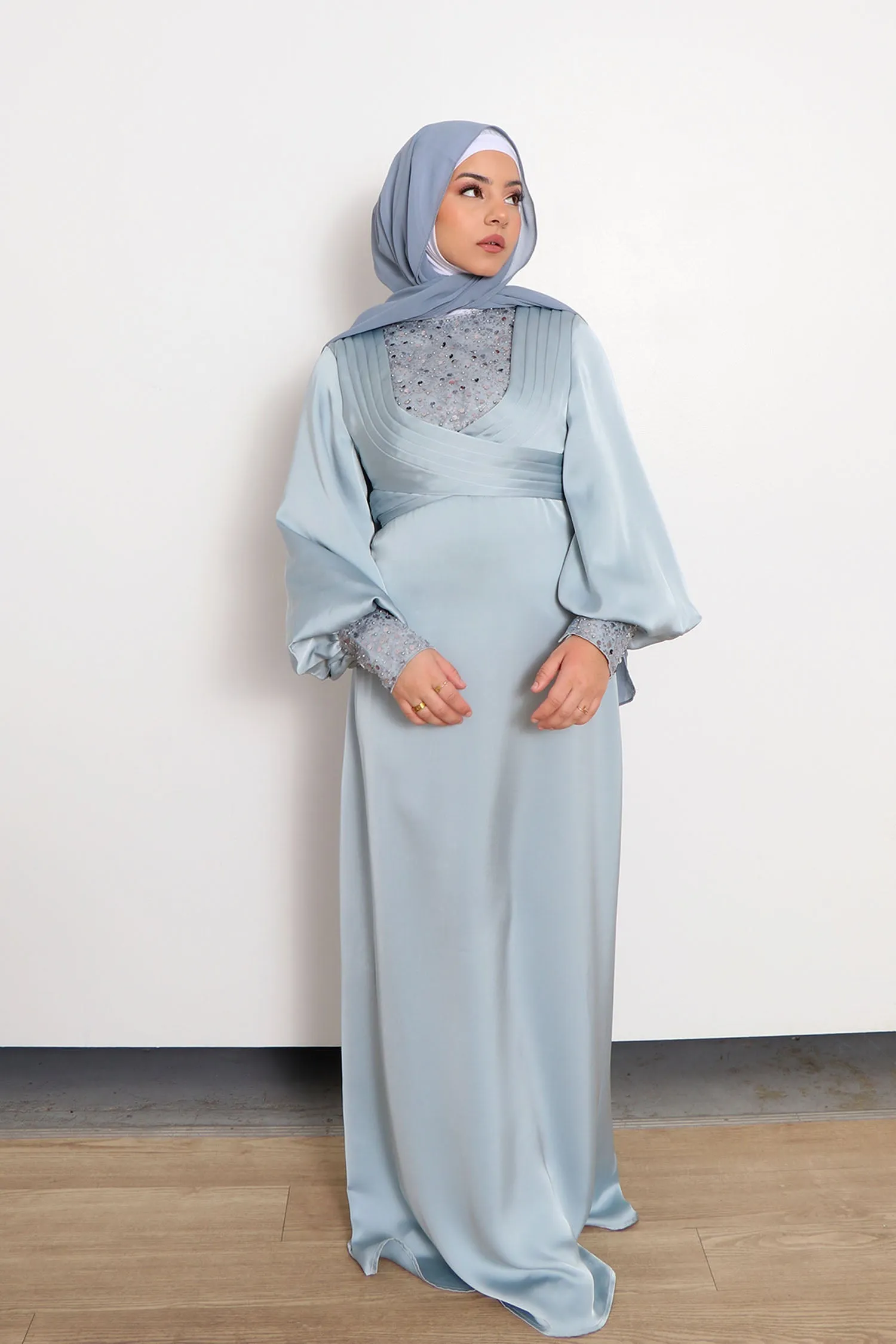 Sky Blue Lydia VIP Luxury Pearl Satin Dress with Modifiers