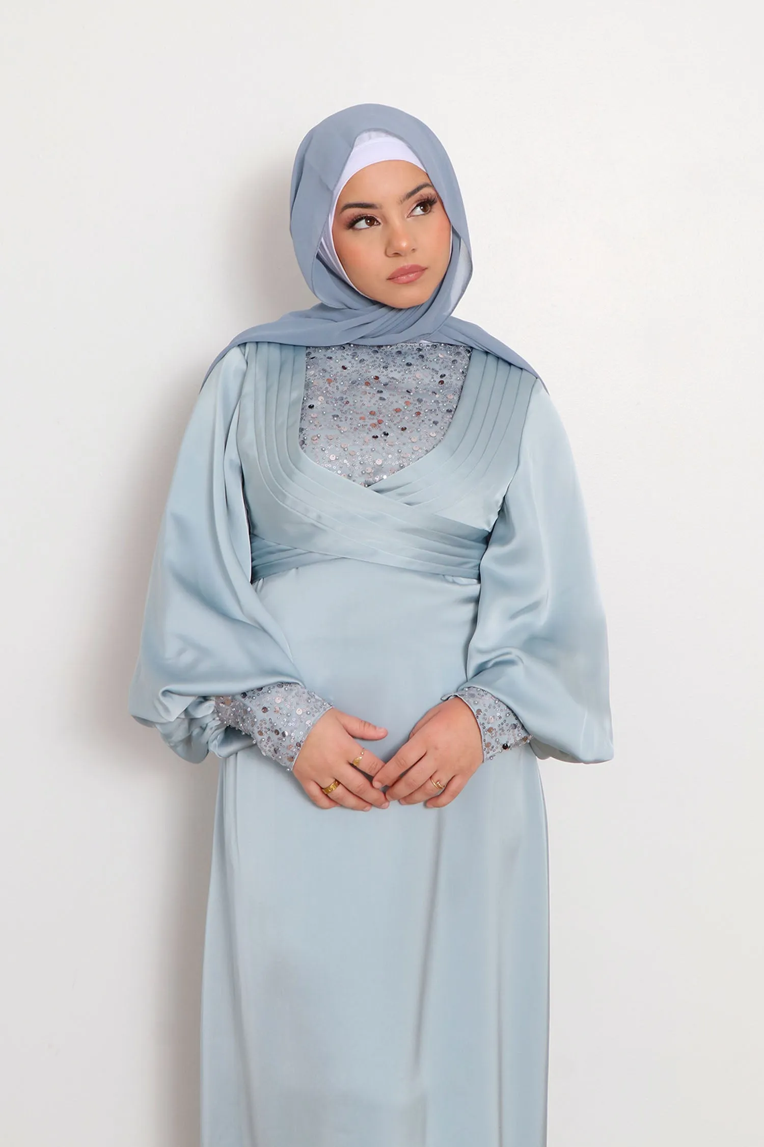 Sky Blue Lydia VIP Luxury Pearl Satin Dress with Modifiers