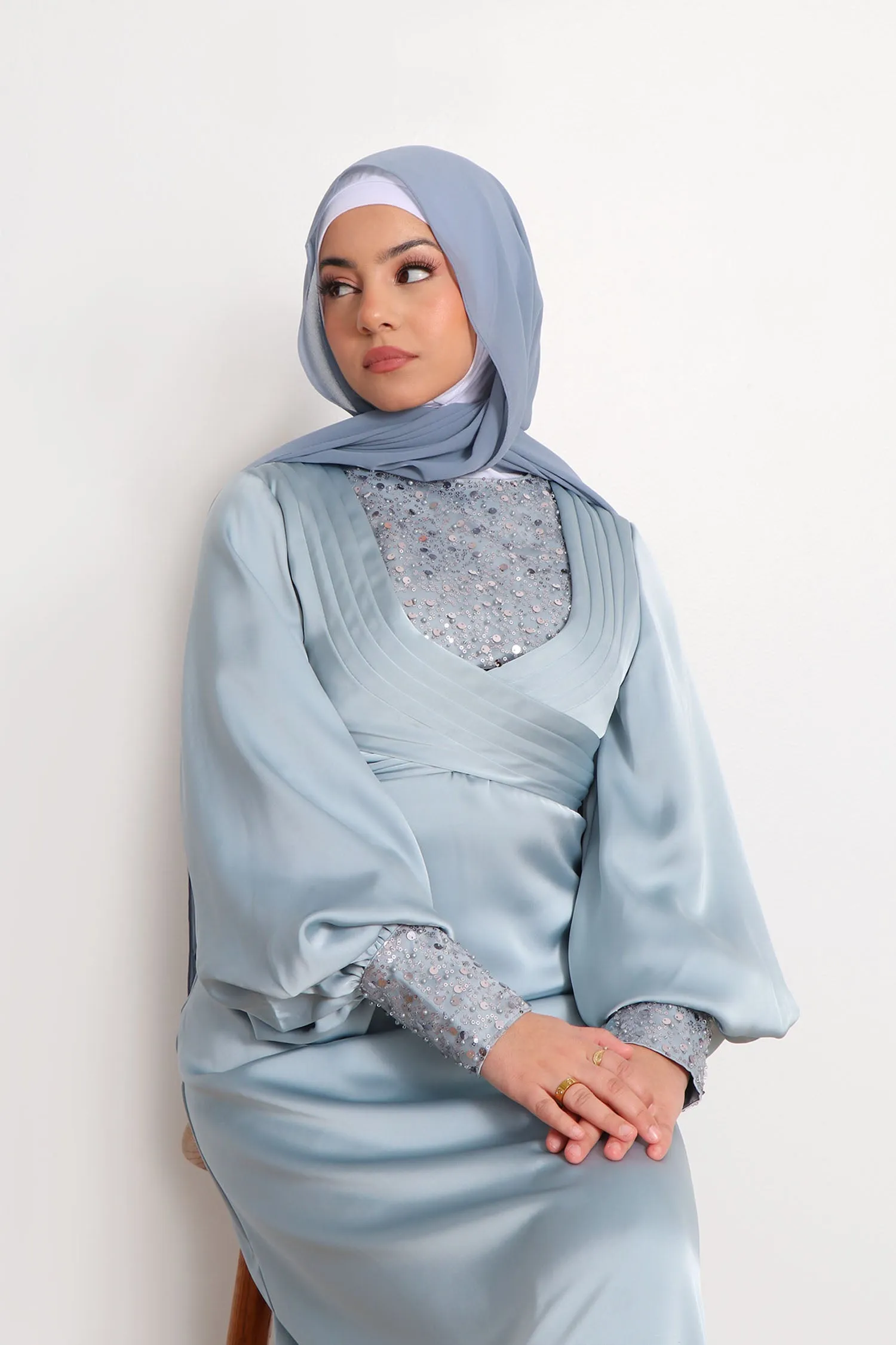 Sky Blue Lydia VIP Luxury Pearl Satin Dress with Modifiers