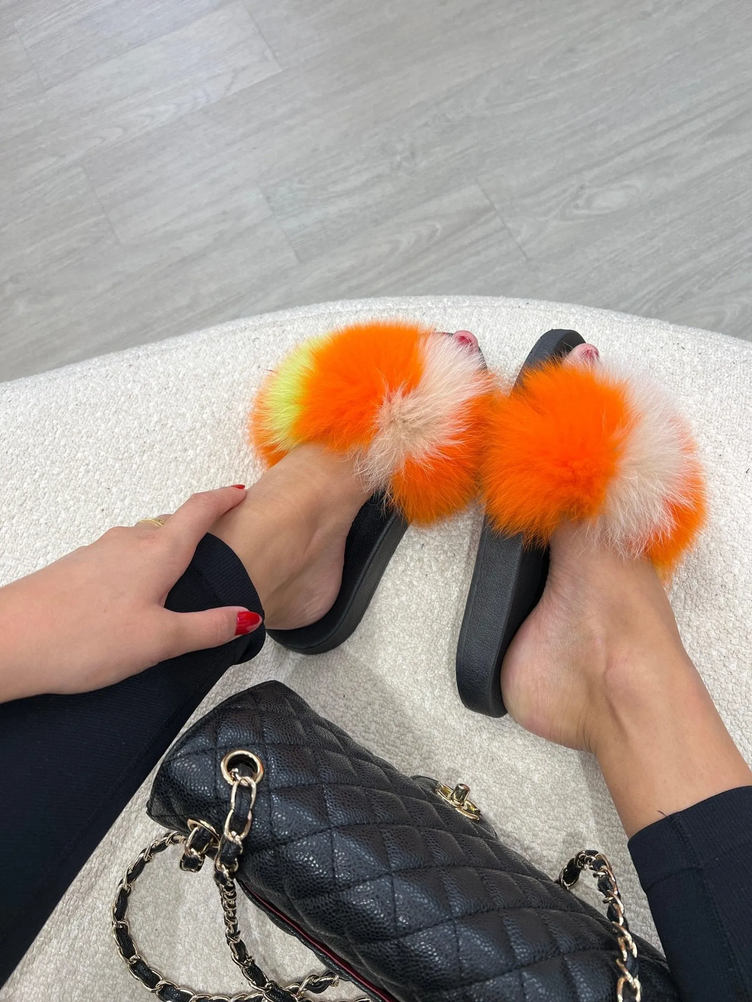 Multi Tone Yellow/Orange/White Luxury Fur Sliders