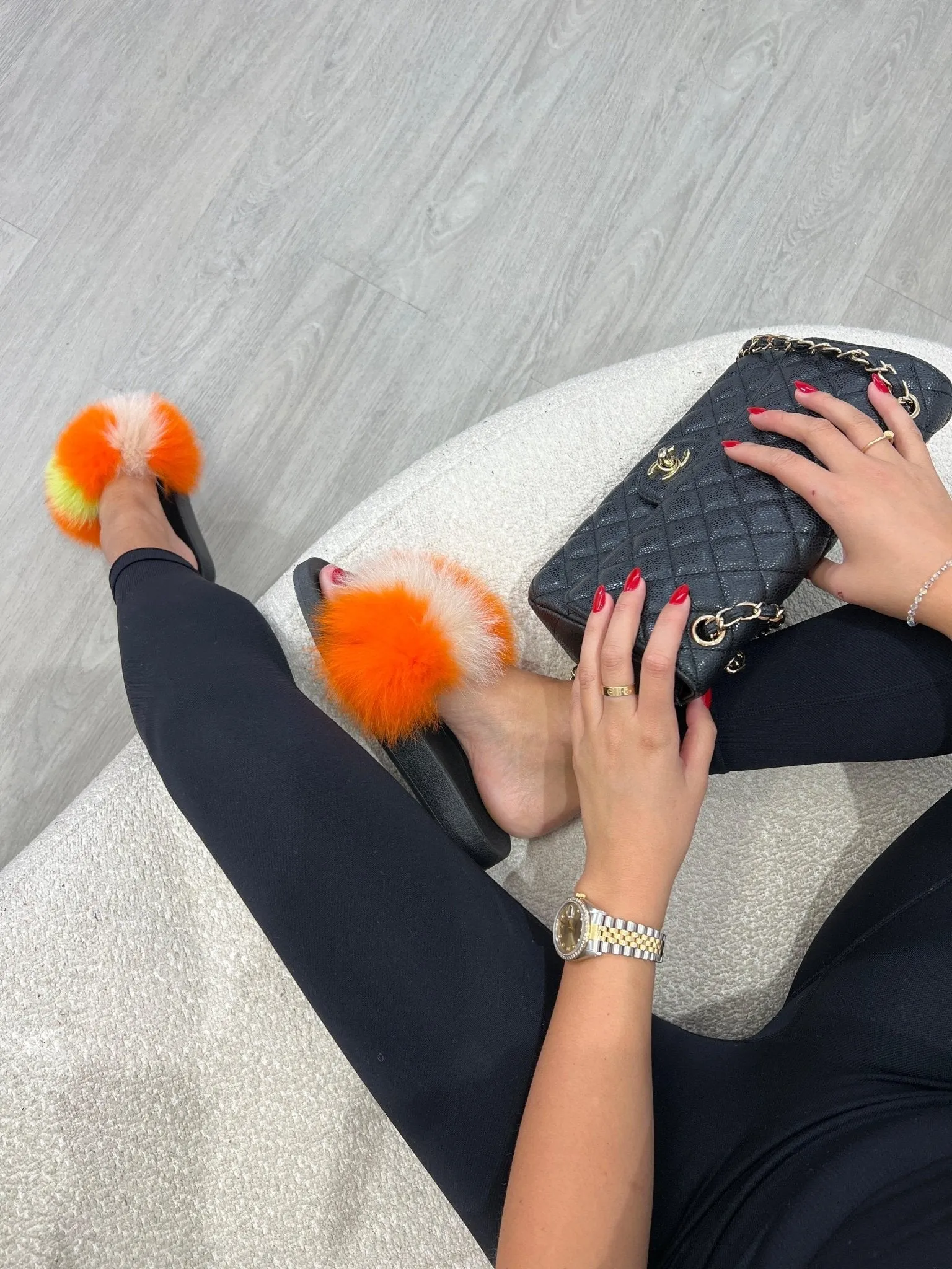 Multi Tone Yellow/Orange/White Luxury Fur Sliders