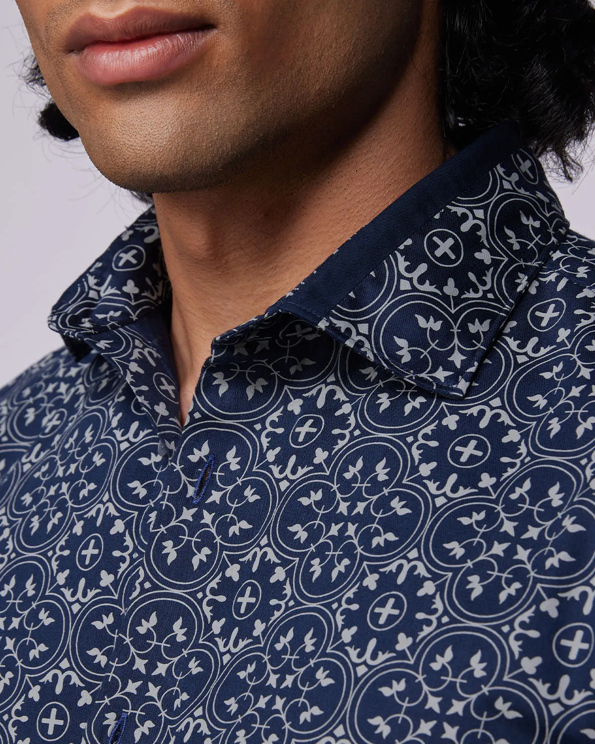 Mens Stylish Navy Blue Tile Print Casual Shirt