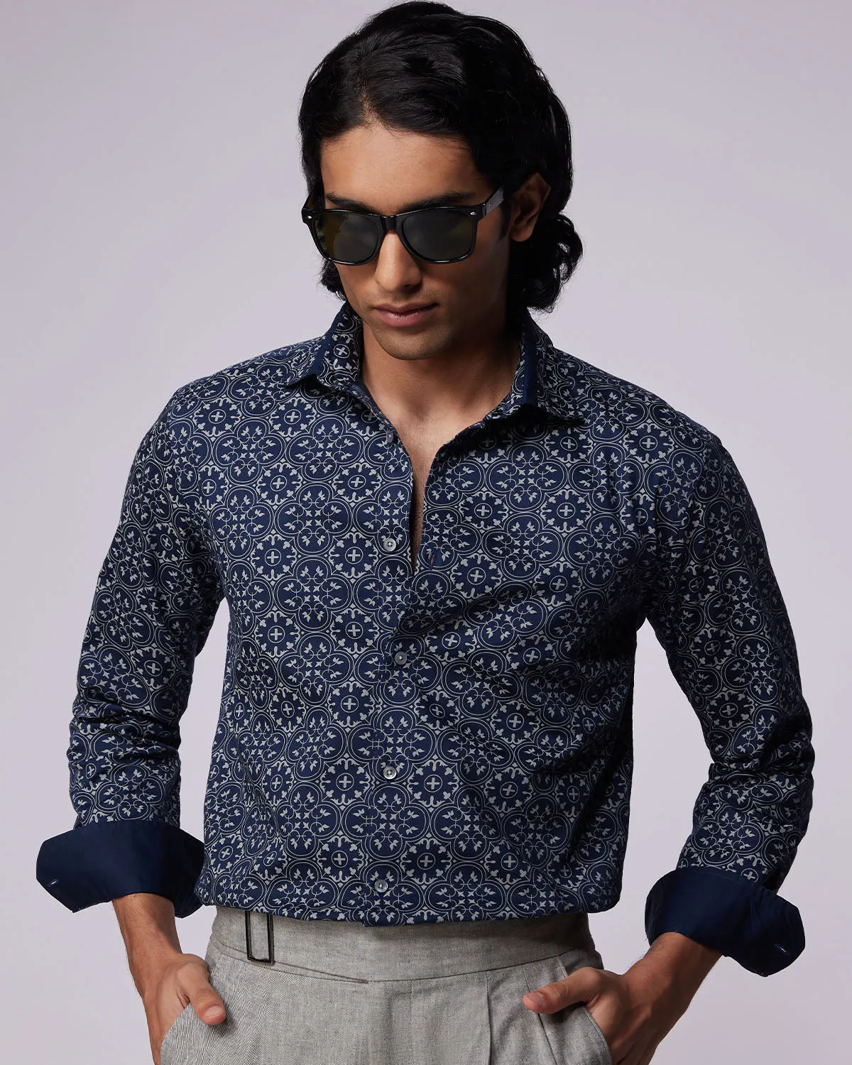 Mens Stylish Navy Blue Tile Print Casual Shirt