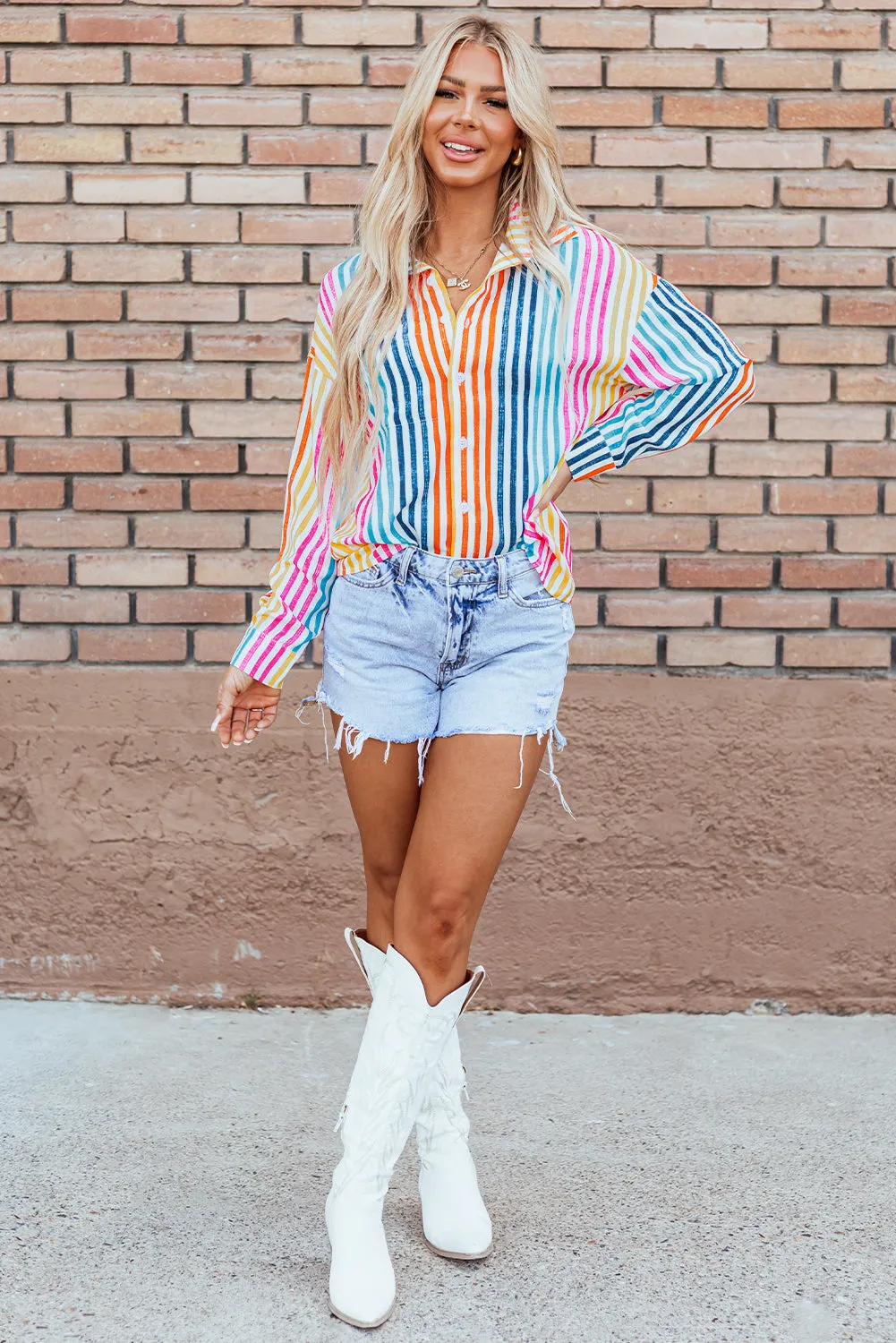 Orange Stripe Multicolor Loose Shirt