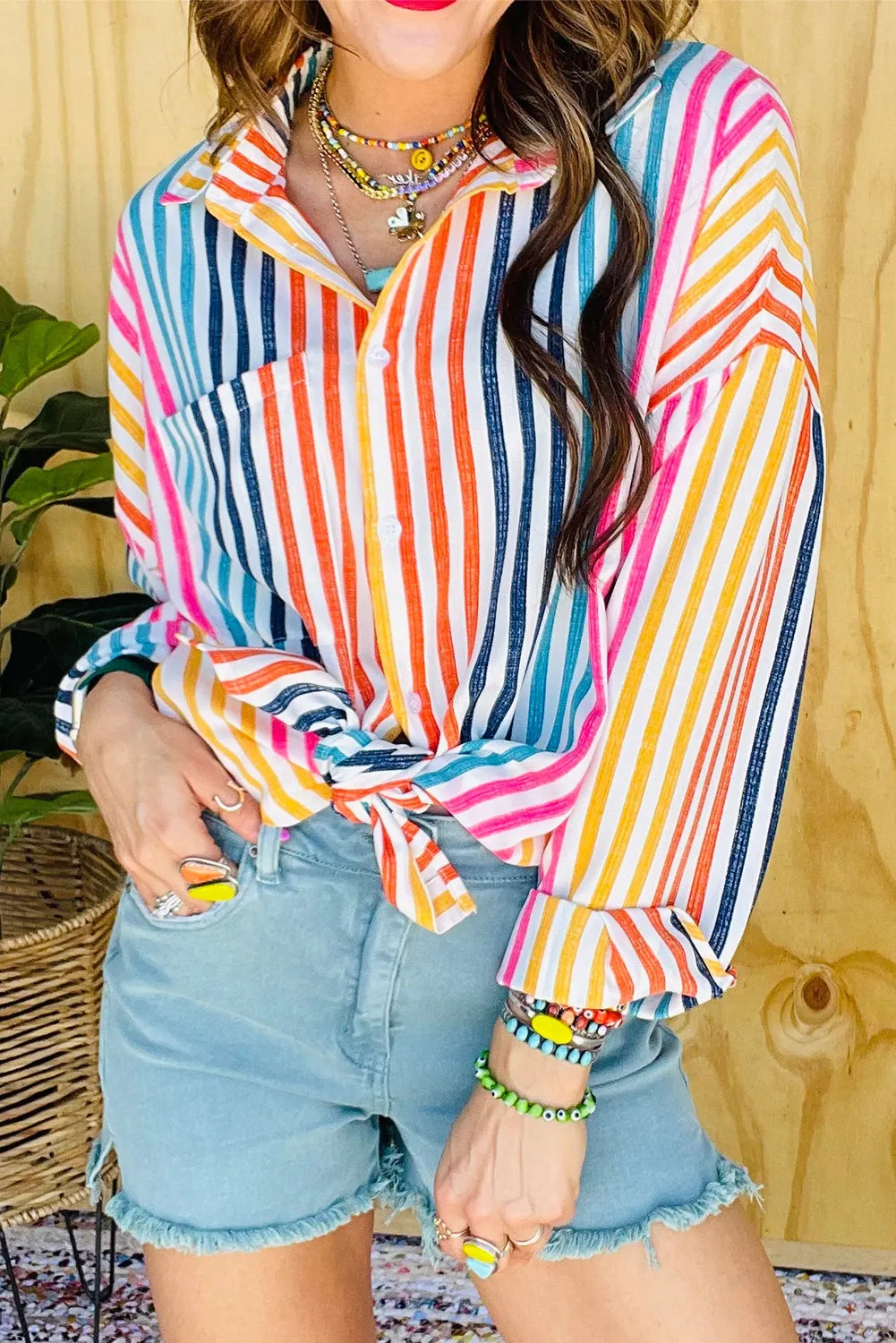 Orange Stripe Multicolor Loose Shirt