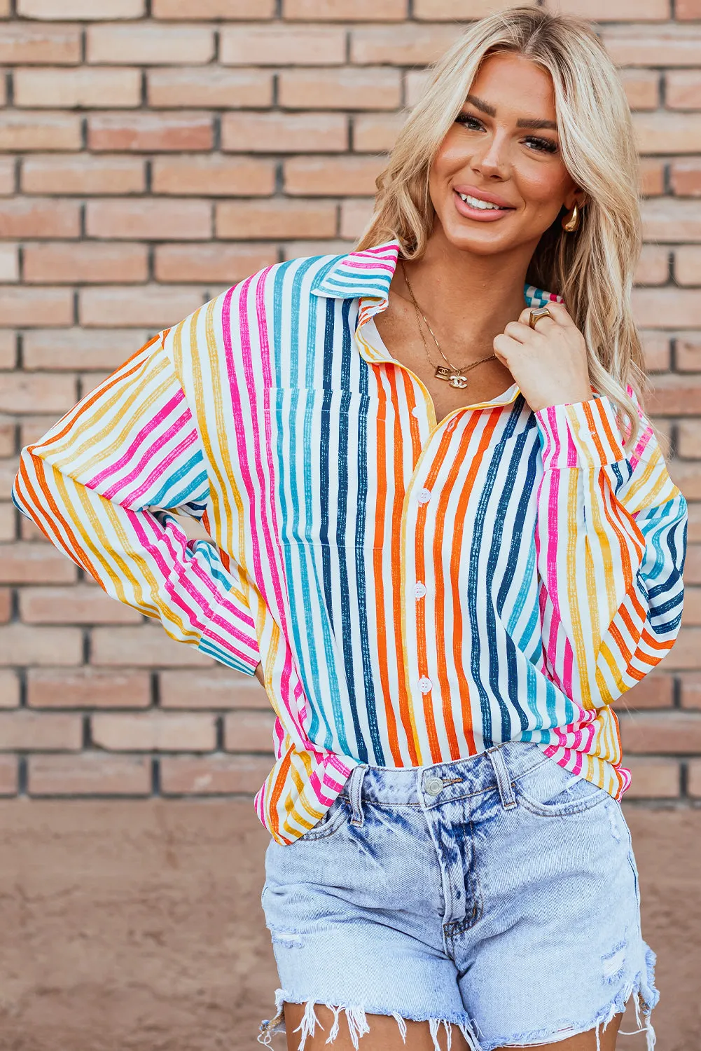 Orange Stripe Multicolor Loose Shirt