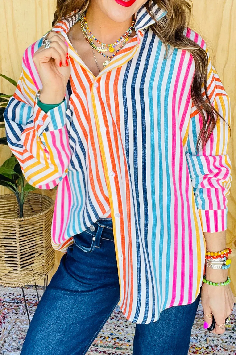 Orange Stripe Multicolor Loose Shirt