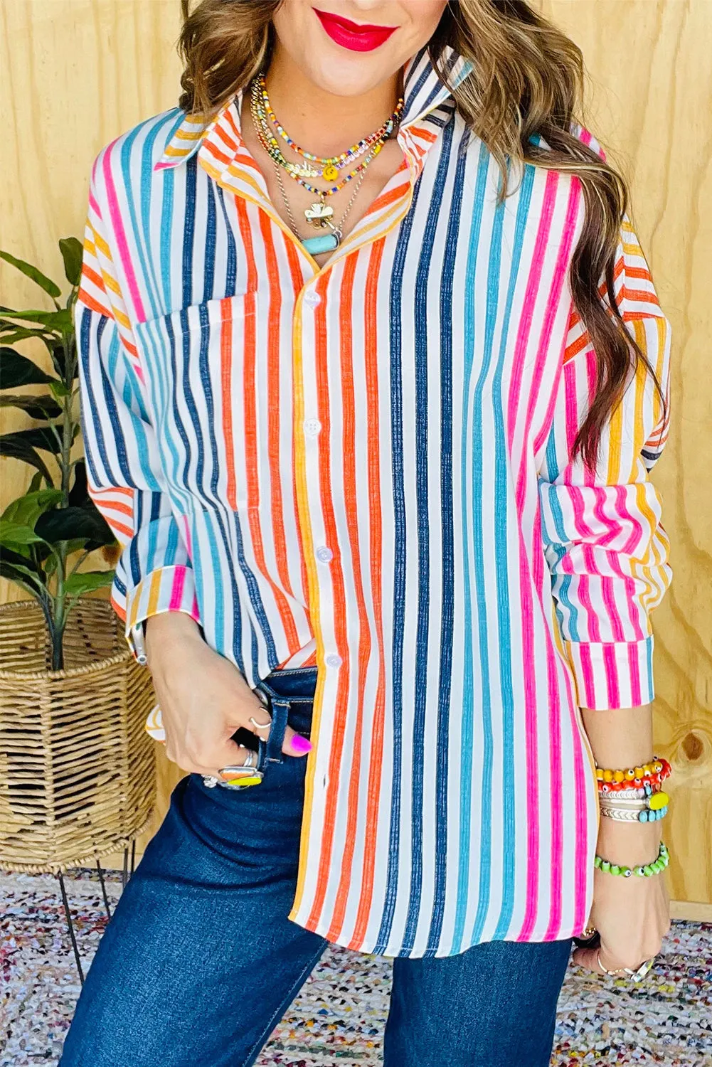 Orange Stripe Multicolor Loose Shirt