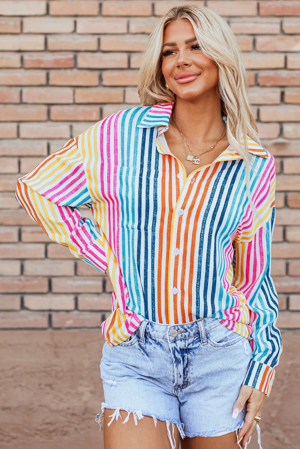 Orange Stripe Multicolor Loose Shirt