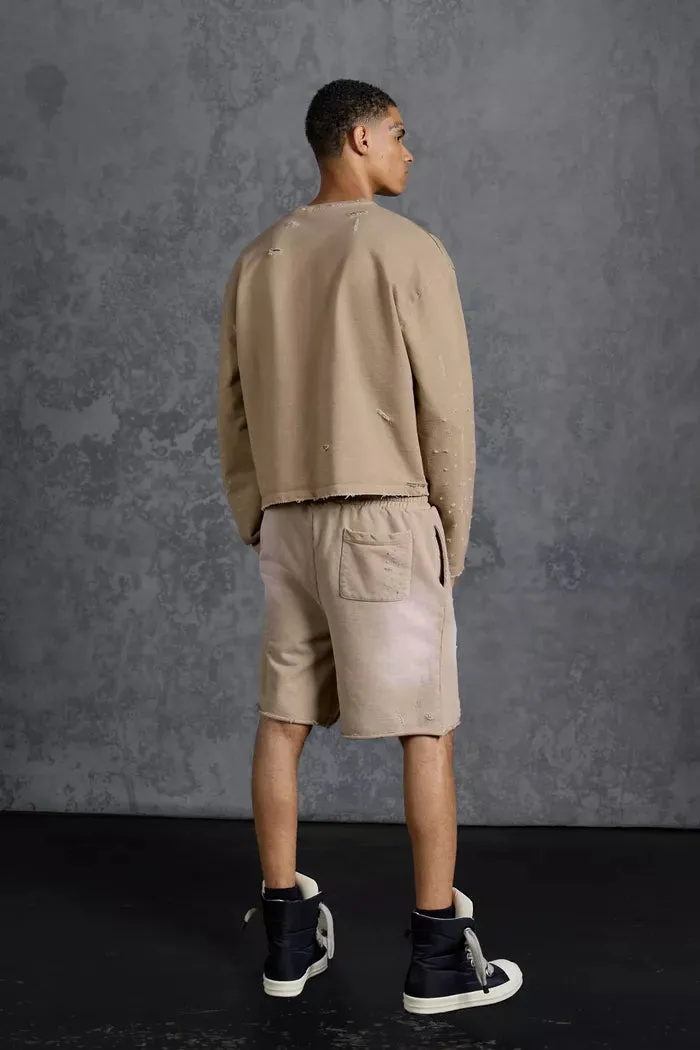 P-Star Loose Fit Washed Jersey Shorts Distressing Taupe