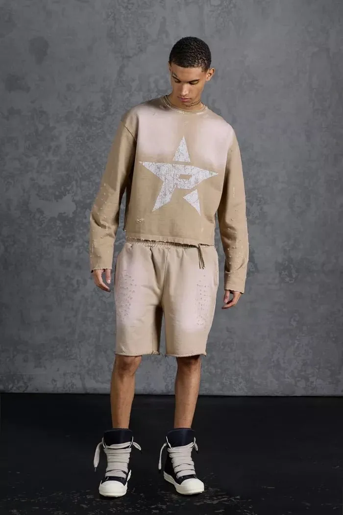 P-Star Loose Fit Washed Jersey Shorts Distressing Taupe