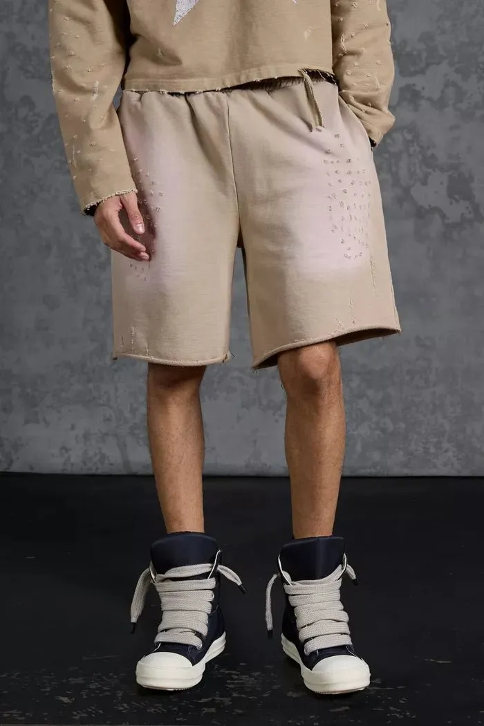 P-Star Loose Fit Washed Jersey Shorts Distressing Taupe