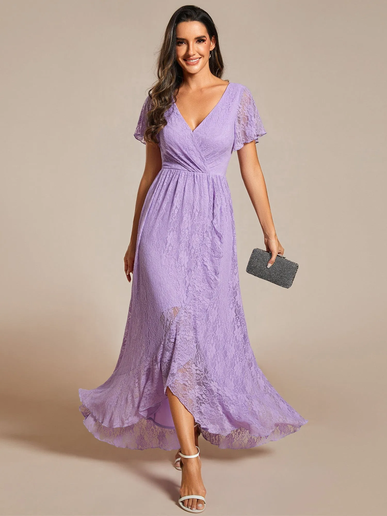 Pleated V-Neck Short Sleeve Ruffled Lace Formal Evening Dress