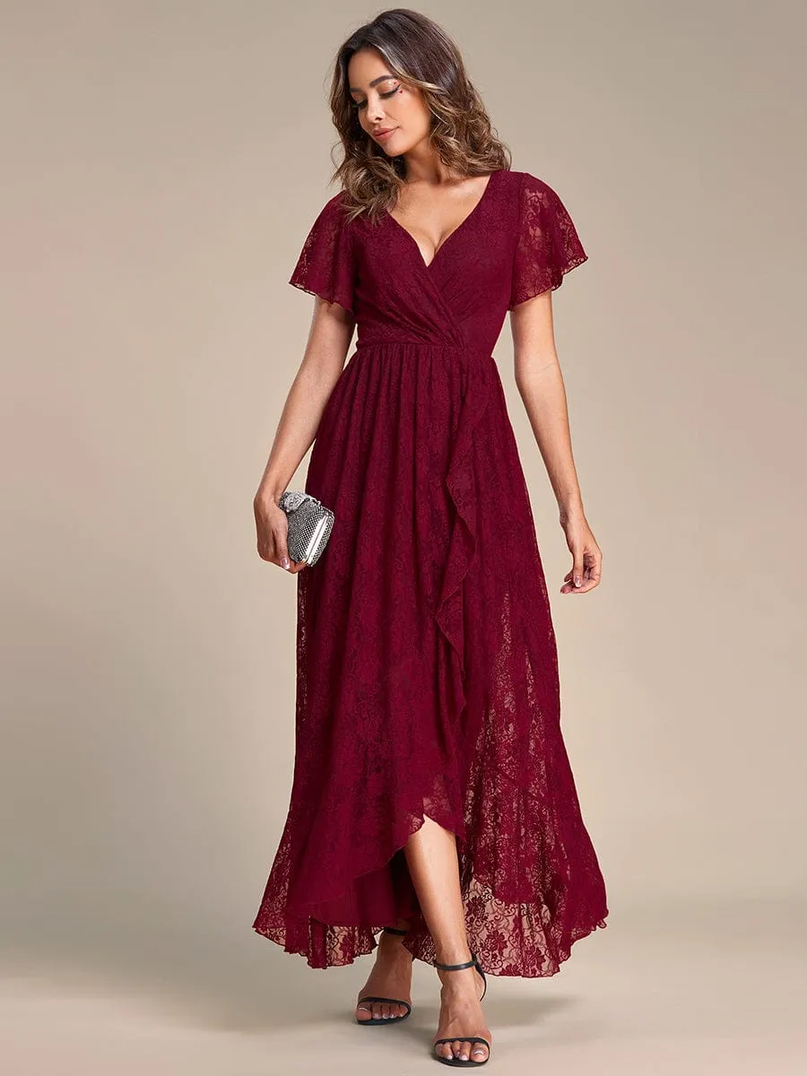 Pleated V-Neck Short Sleeve Ruffled Lace Formal Evening Dress