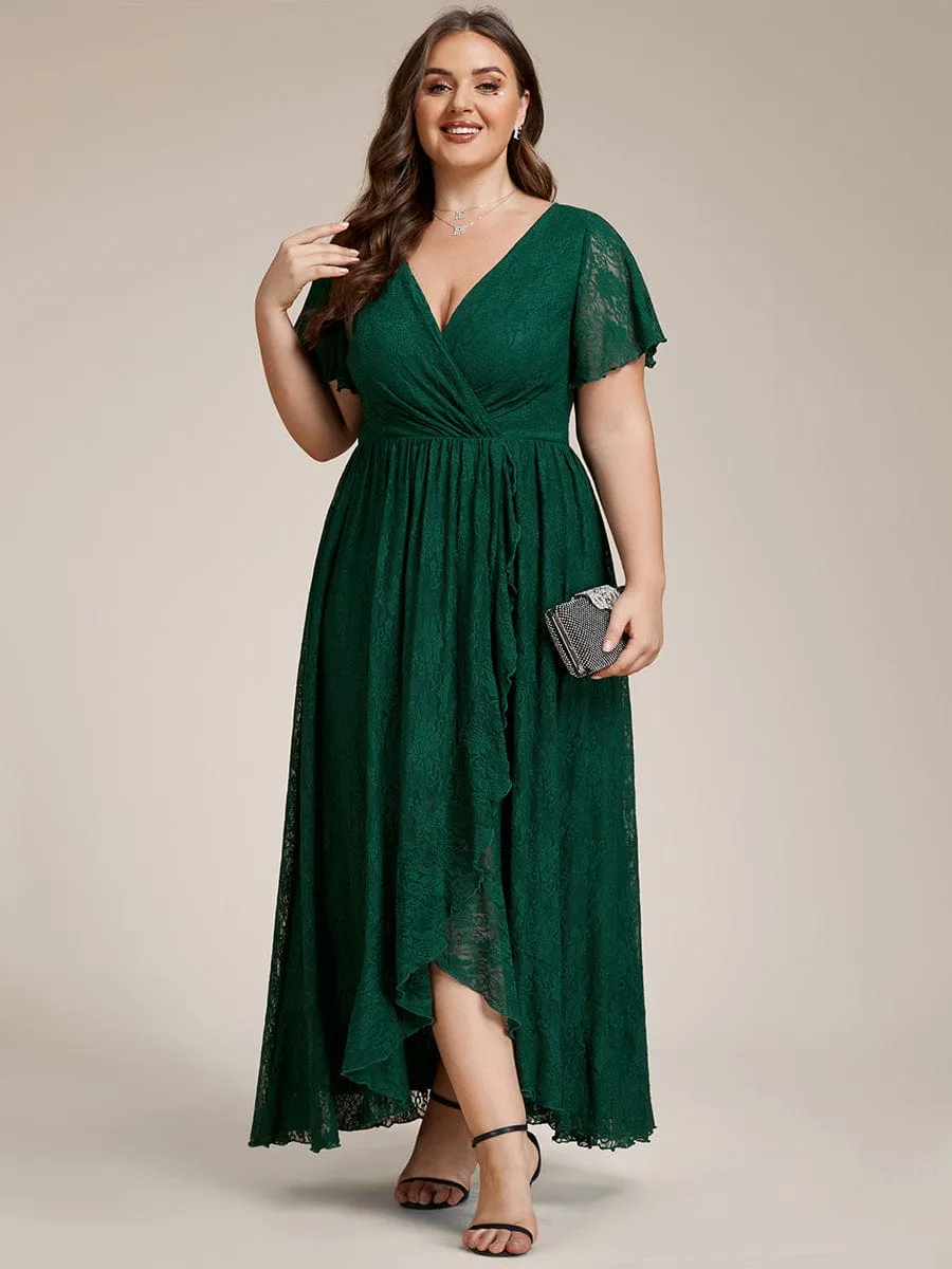 Pleated V-Neck Short Sleeve Ruffled Lace Formal Evening Dress