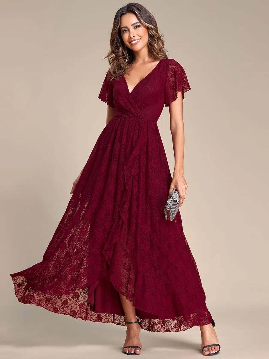 Pleated V-Neck Short Sleeve Ruffled Lace Formal Evening Dress