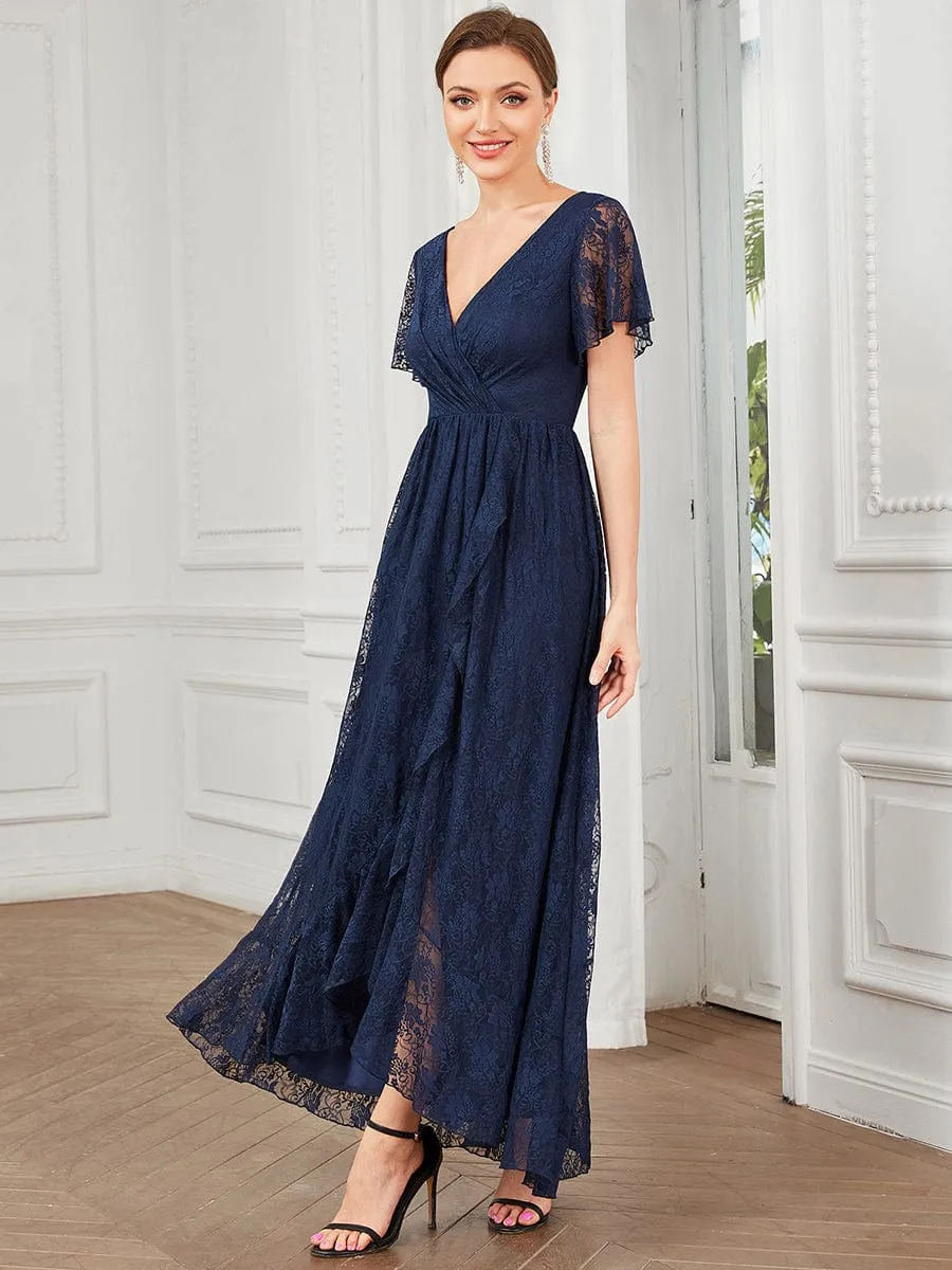 Pleated V-Neck Short Sleeve Ruffled Lace Formal Evening Dress