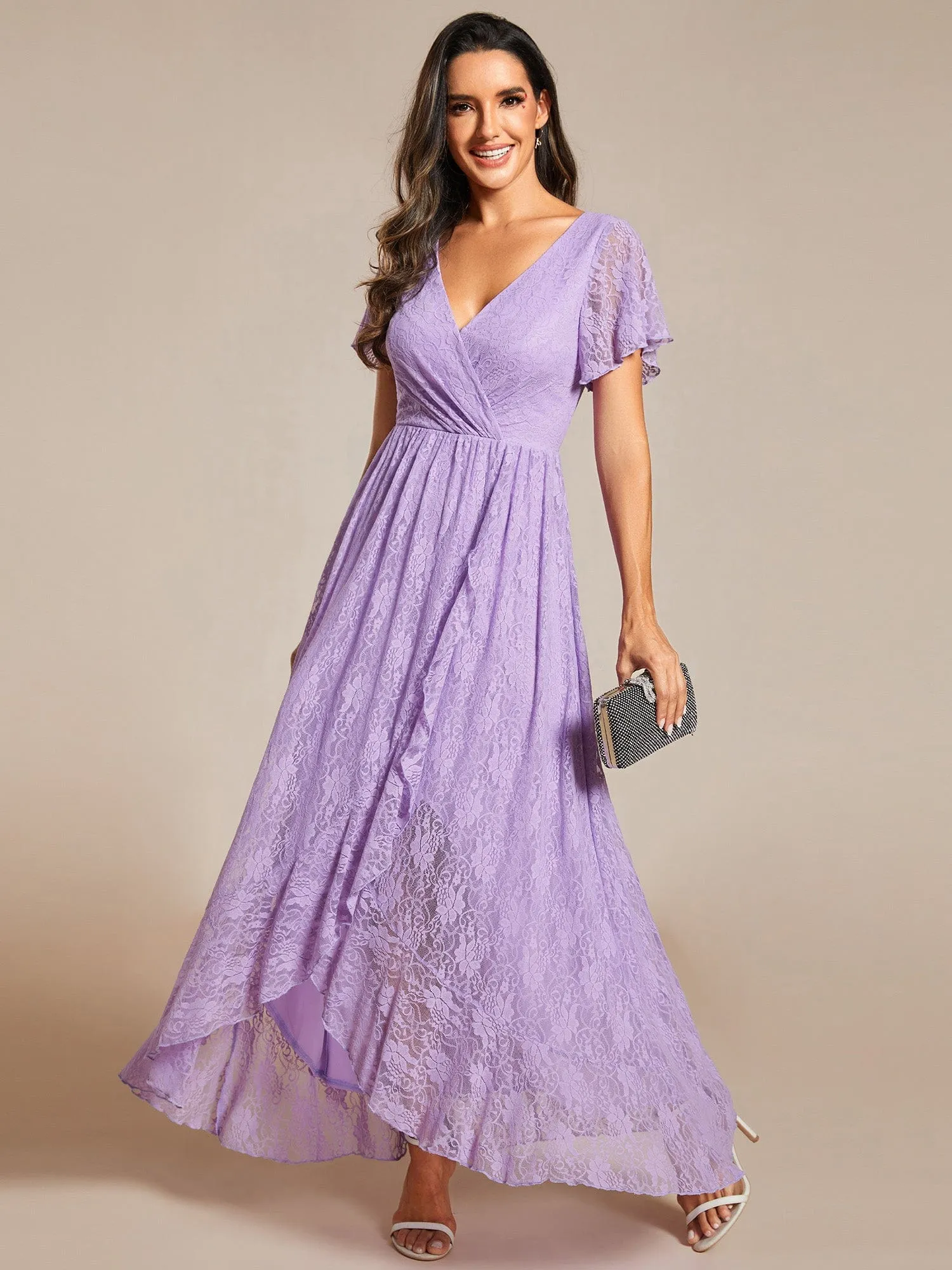 Pleated V-Neck Short Sleeve Ruffled Lace Formal Evening Dress