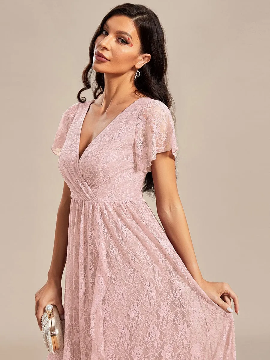 Pleated V-Neck Short Sleeve Ruffled Lace Formal Evening Dress