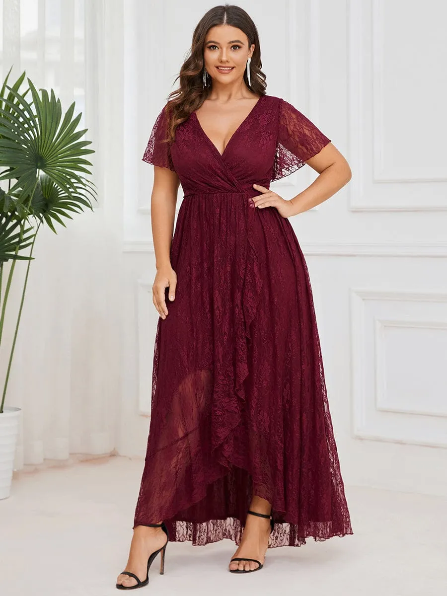 Pleated V-Neck Short Sleeve Ruffled Lace Formal Evening Dress