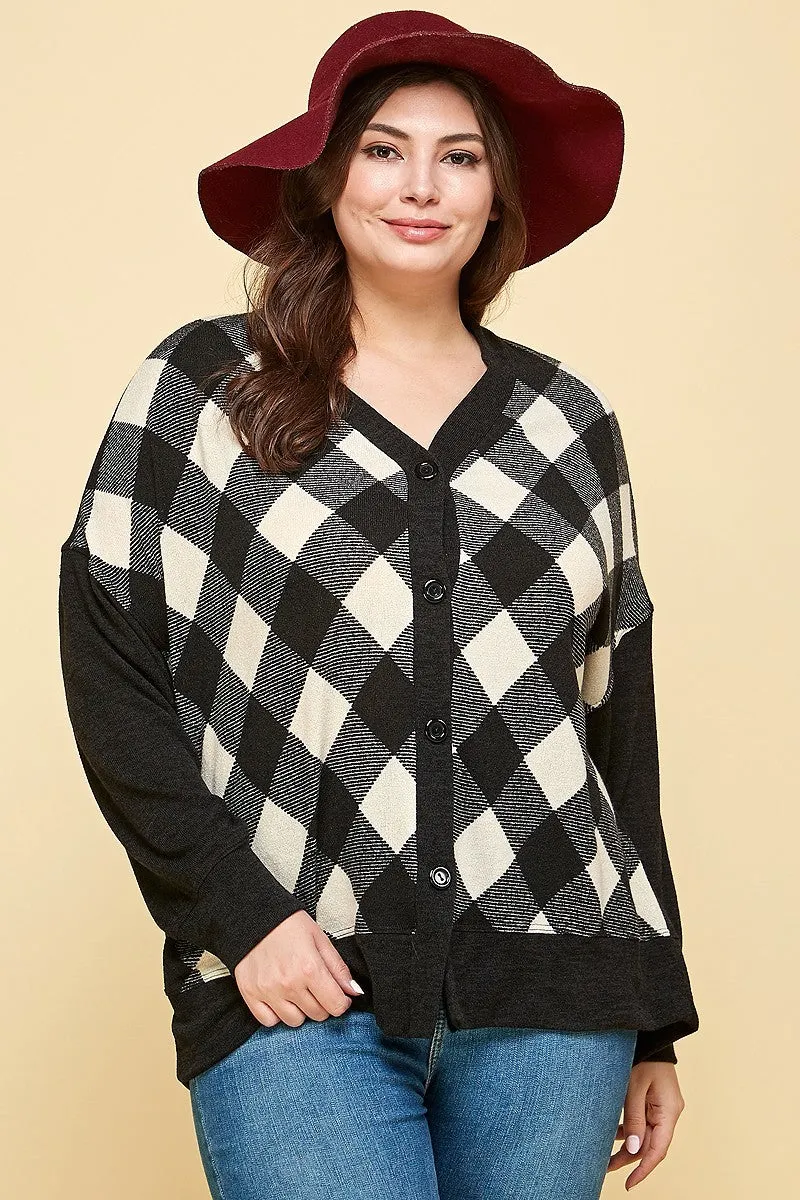 Plus Size Buffalo Plaid Knit Button Up Oversize Cardigan