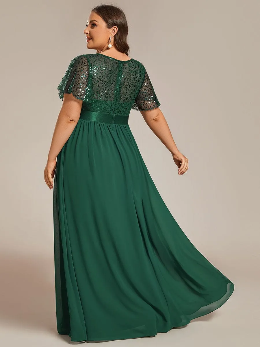 Plus Size Round-Neck Sequin High Waist Short-Sleeved Formal Evening Dress