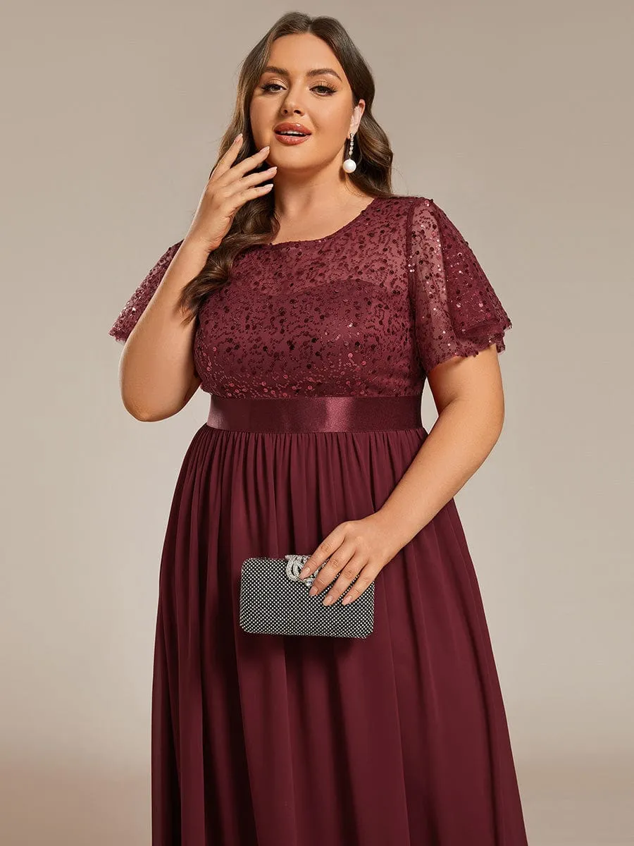 Plus Size Round-Neck Sequin High Waist Short-Sleeved Formal Evening Dress