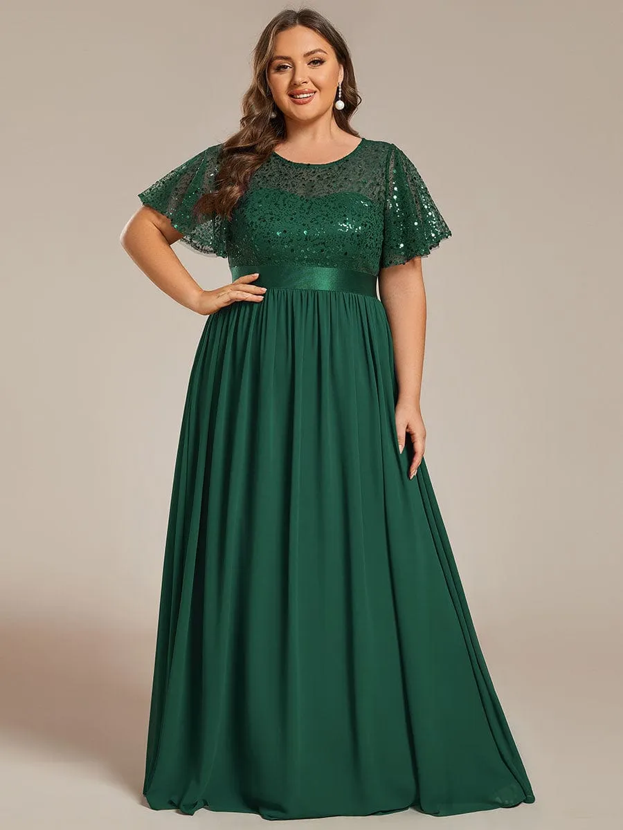 Plus Size Round-Neck Sequin High Waist Short-Sleeved Formal Evening Dress