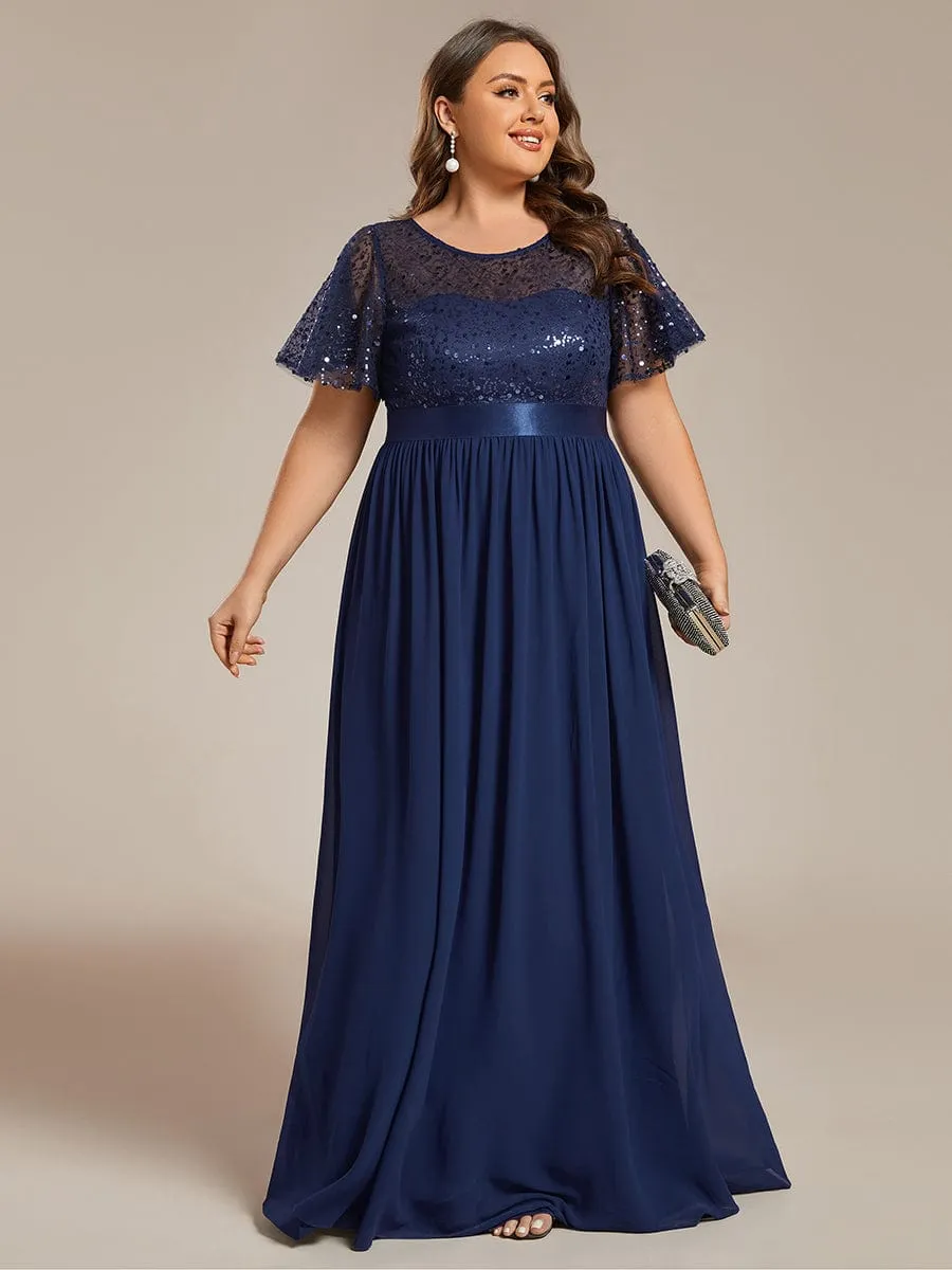 Plus Size Round-Neck Sequin High Waist Short-Sleeved Formal Evening Dress