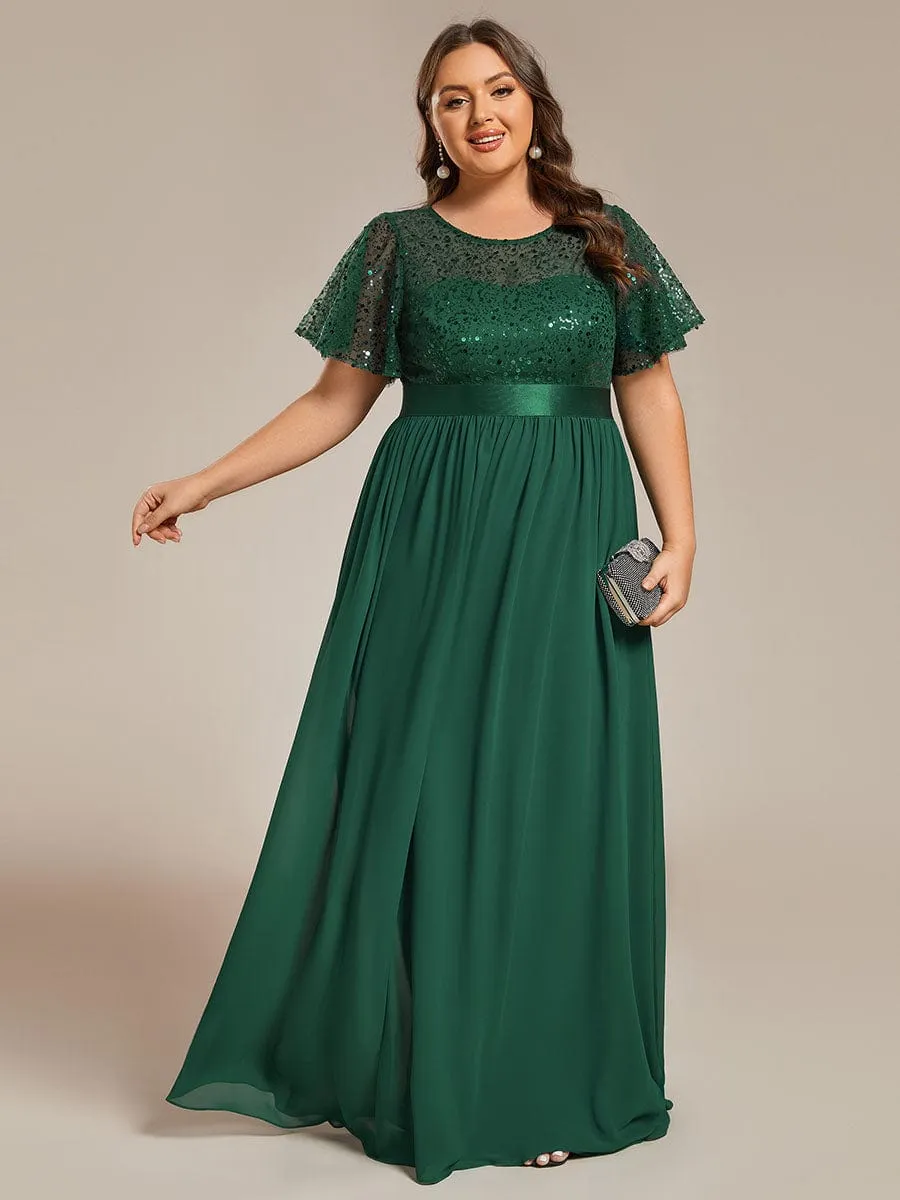 Plus Size Round-Neck Sequin High Waist Short-Sleeved Formal Evening Dress