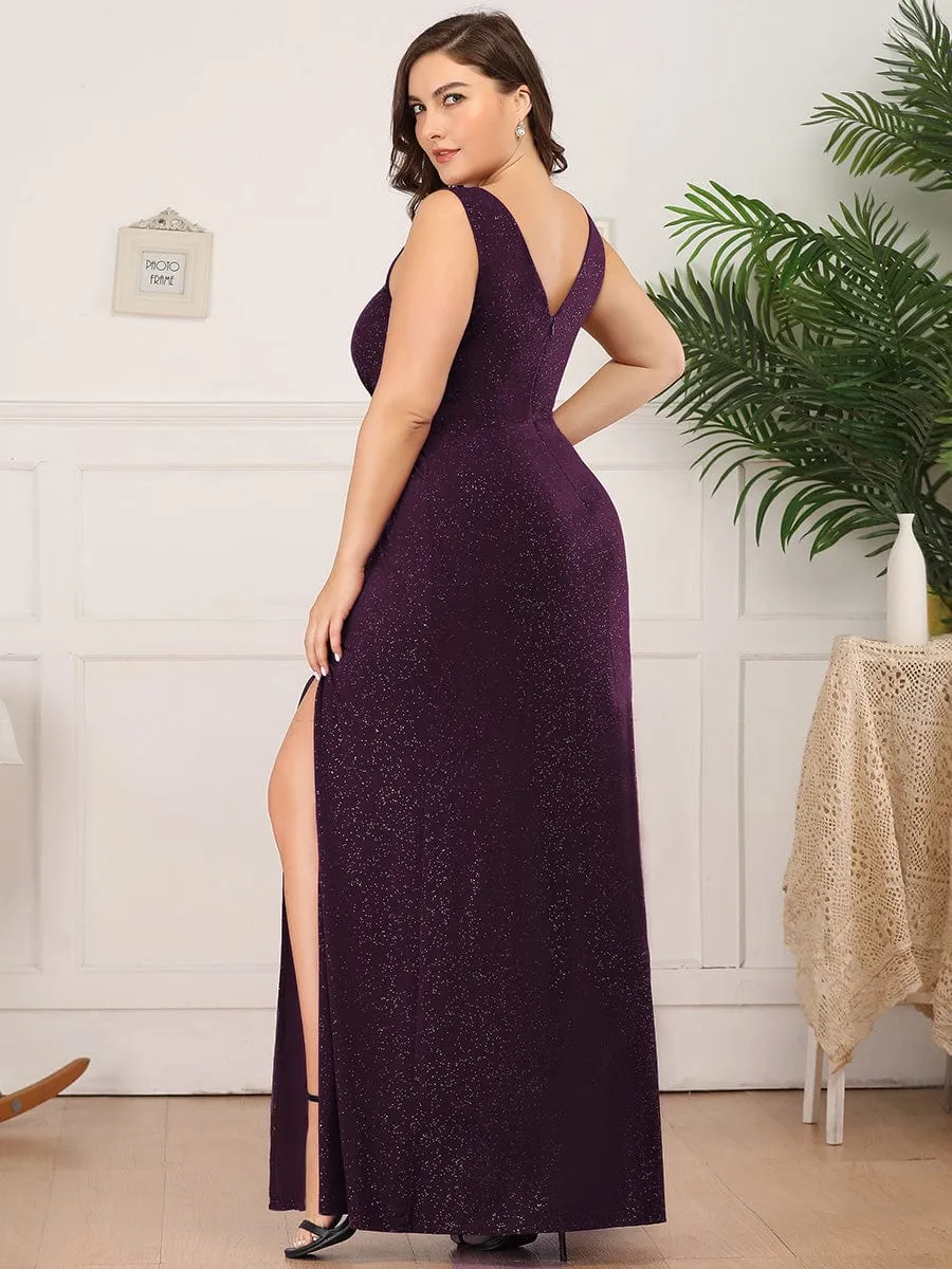 Plus Size Shiny V Neck Side Slit Formal Evening Dress