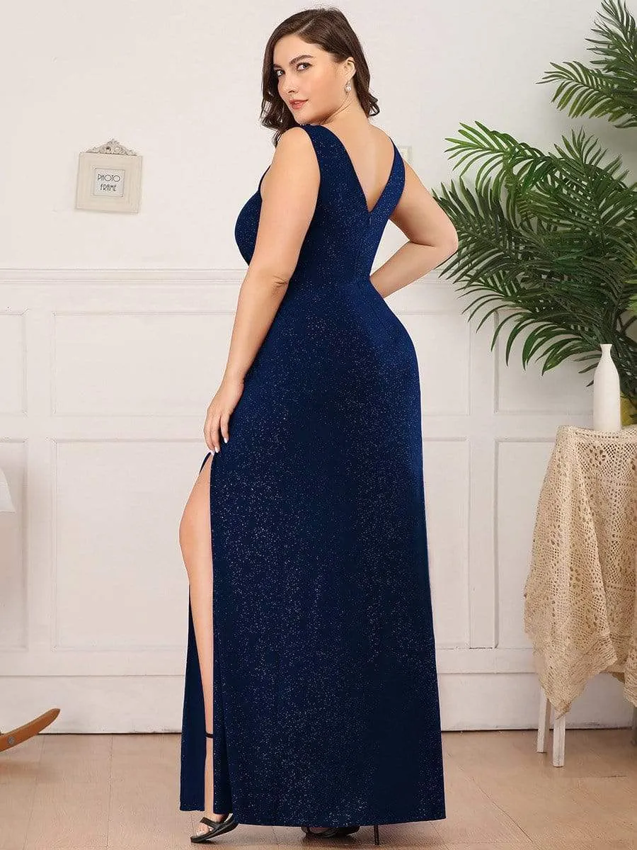 Plus Size Shiny V Neck Side Slit Formal Evening Dress