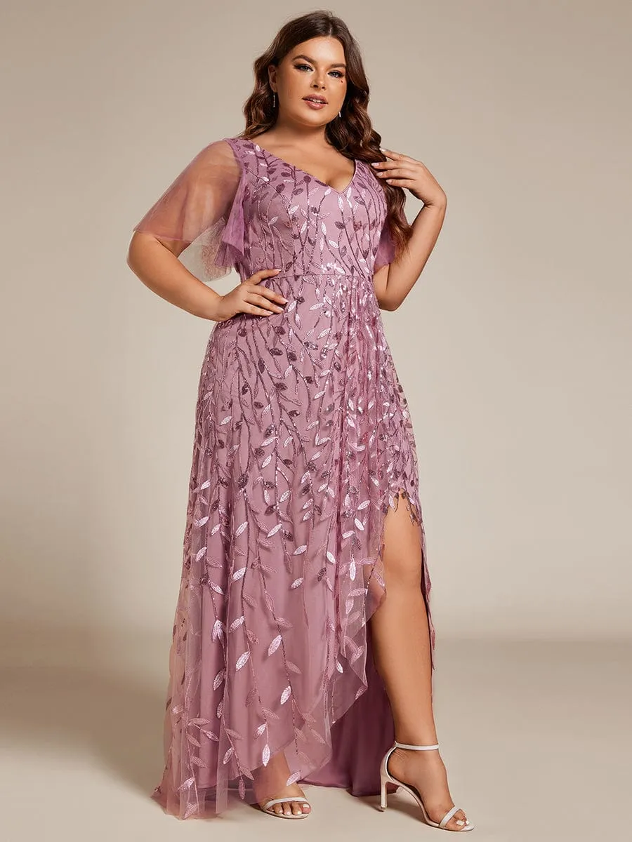 Plus Size Short Sleeves Sequin High Low V-Neck Midi Formal Evening Dress