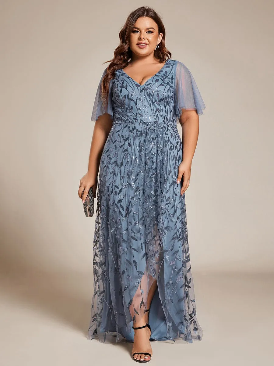 Plus Size Short Sleeves Sequin High Low V-Neck Midi Formal Evening Dress