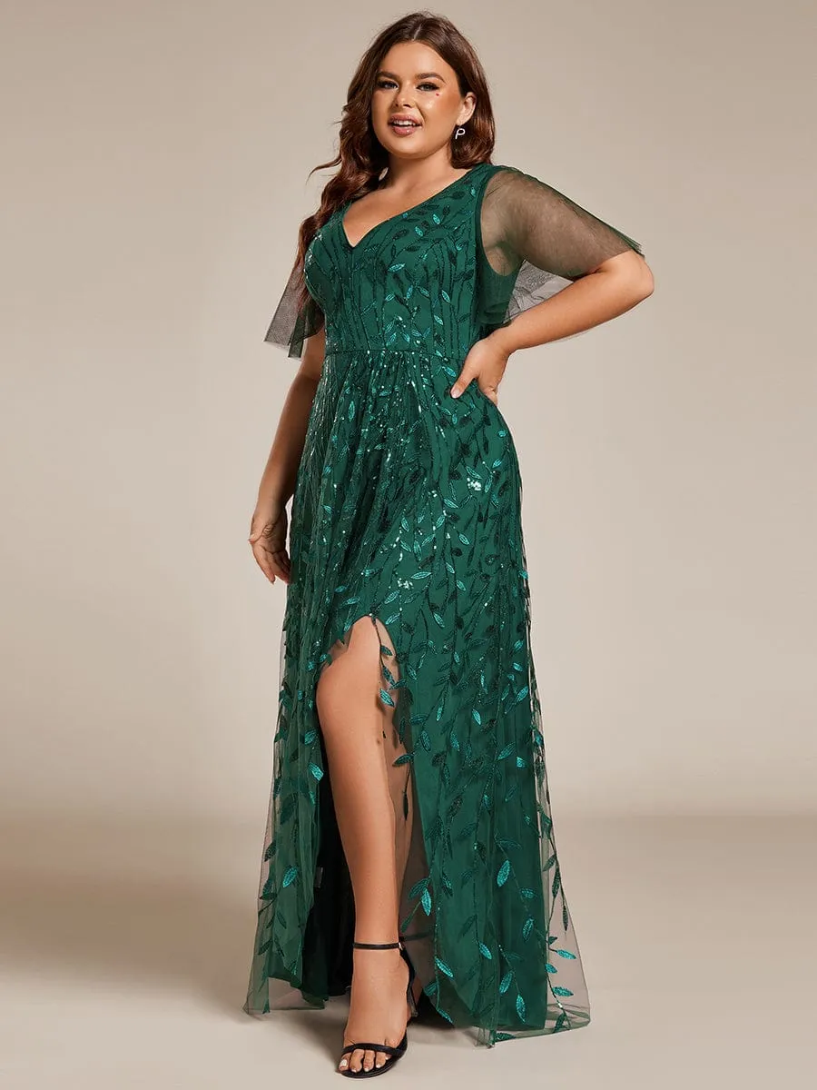 Plus Size Short Sleeves Sequin High Low V-Neck Midi Formal Evening Dress