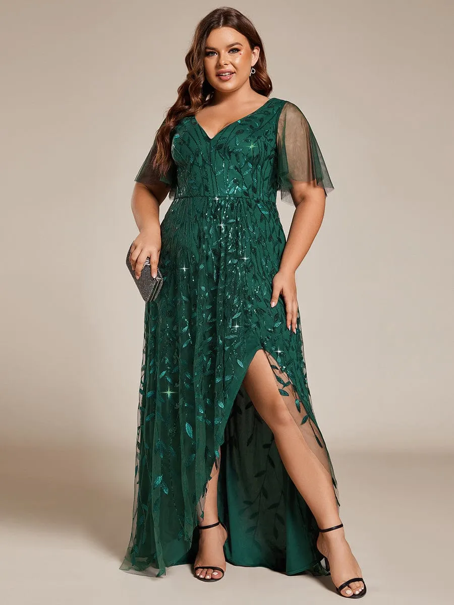 Plus Size Short Sleeves Sequin High Low V-Neck Midi Formal Evening Dress