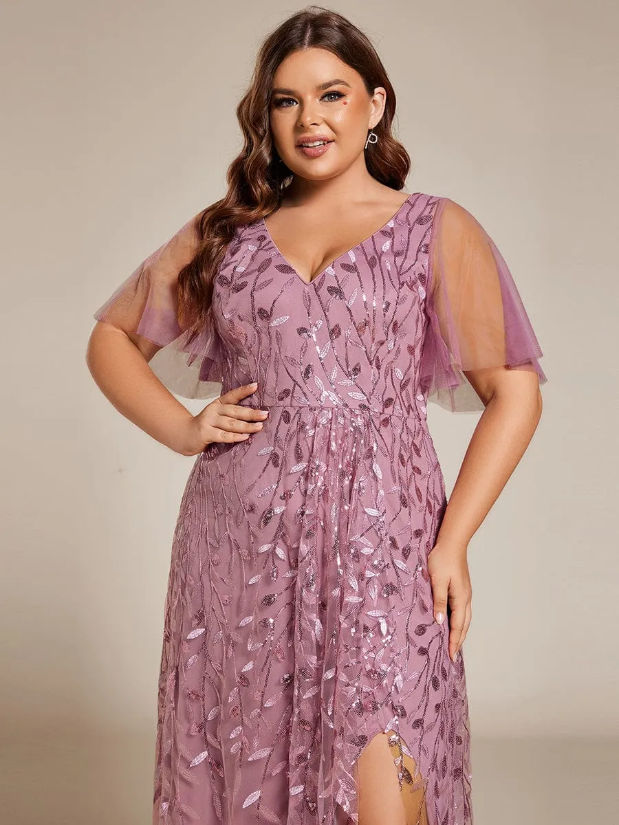 Plus Size Short Sleeves Sequin High Low V-Neck Midi Formal Evening Dress