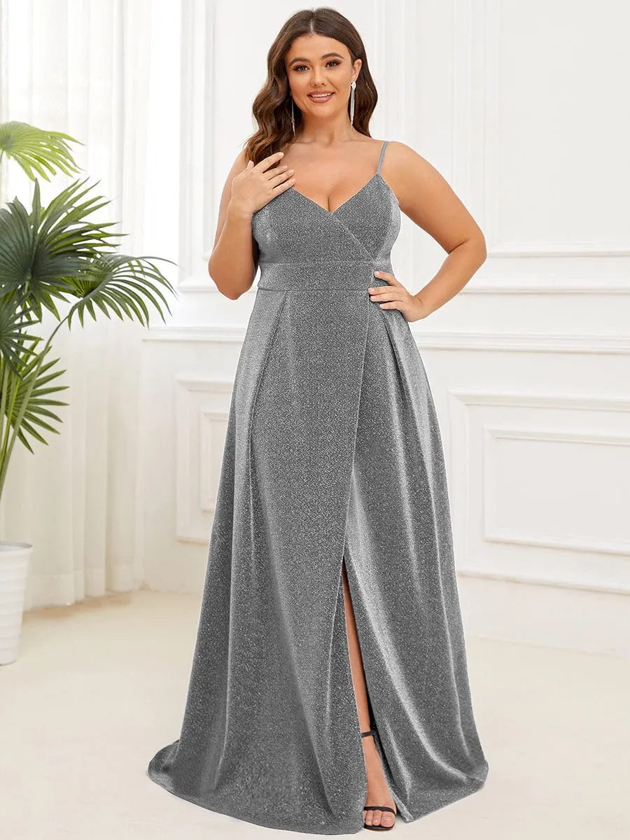 Plus Size Spaghetti Strap Shiny Formal Evening Dress for Wedding