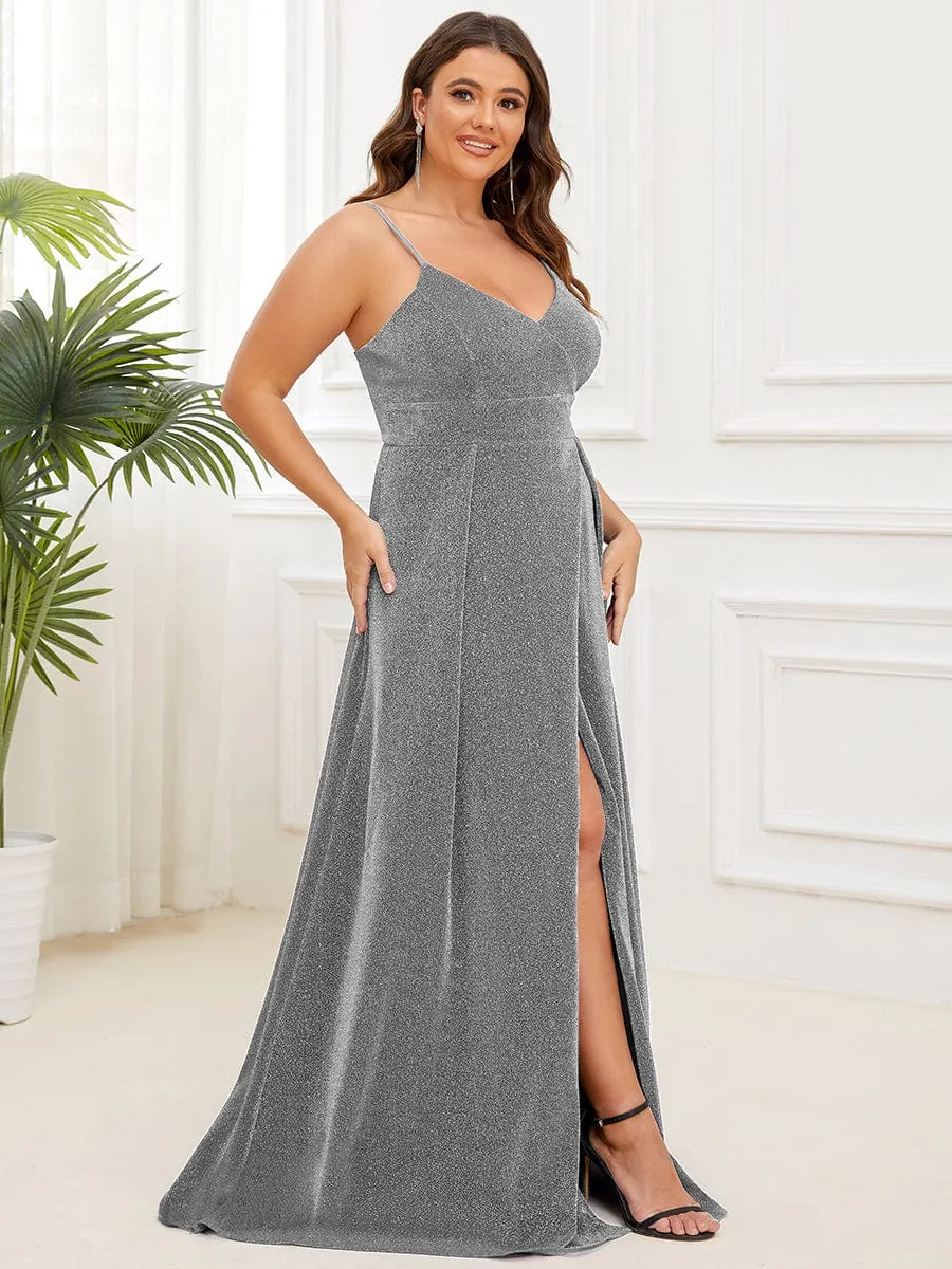 Plus Size Spaghetti Strap Shiny Formal Evening Dress for Wedding