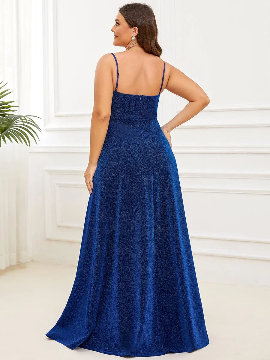 Plus Size Spaghetti Strap Shiny Formal Evening Dress for Wedding