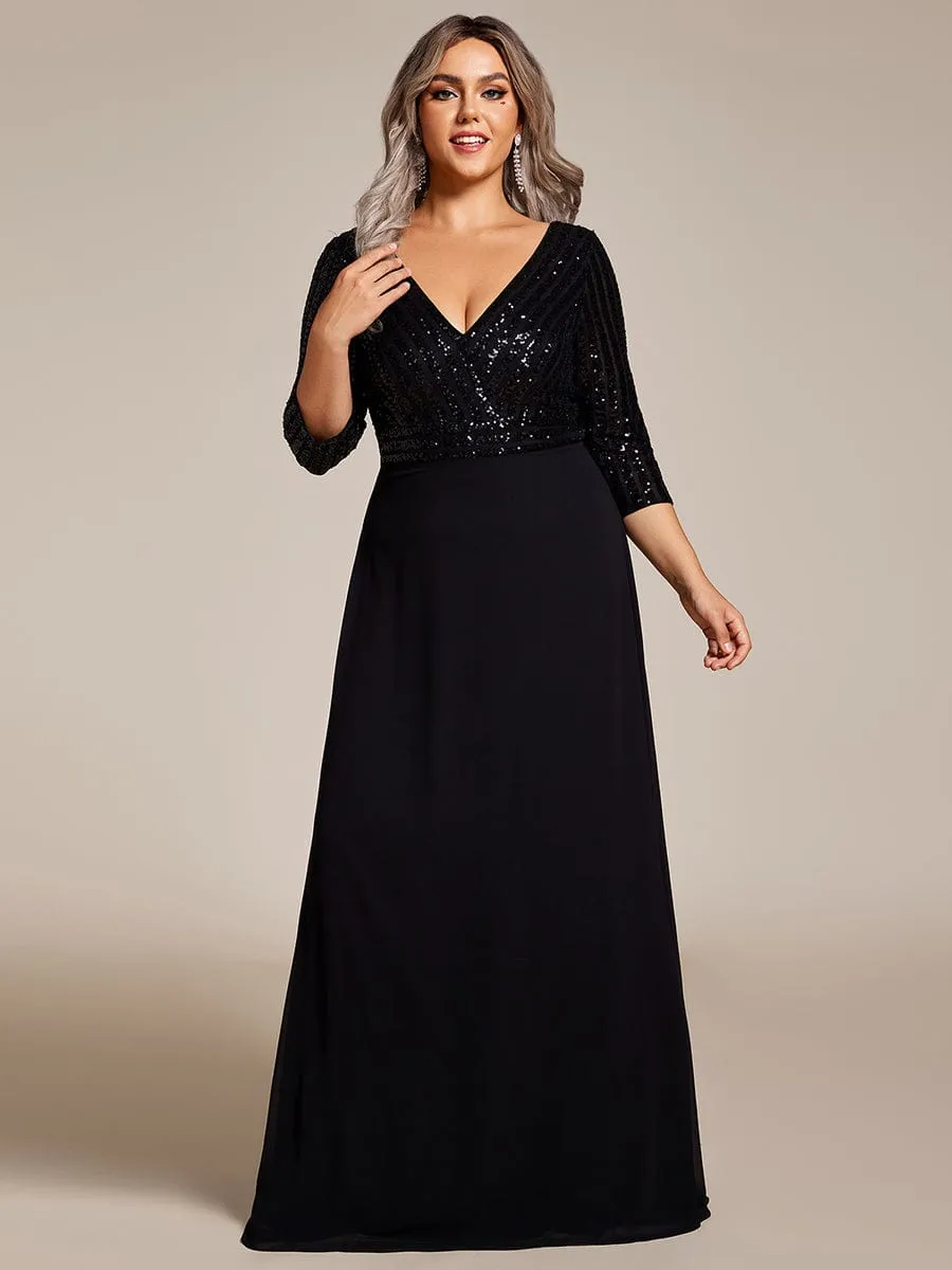 Plus Size V Neck A-Line Sequin Formal Evening Dress with Sleeve