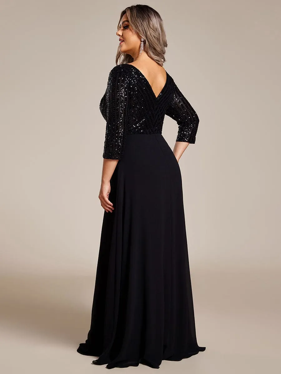 Plus Size V Neck A-Line Sequin Formal Evening Dress with Sleeve