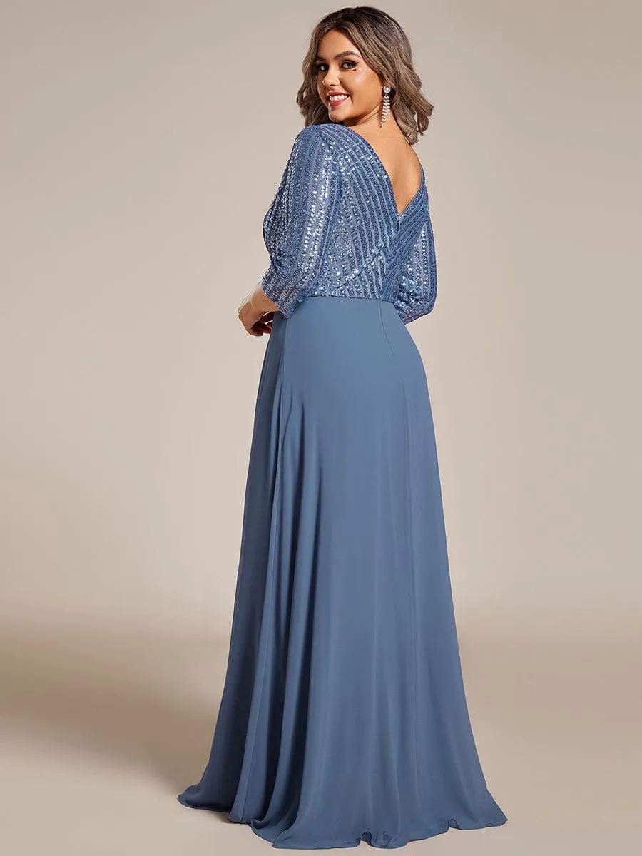 Plus Size V Neck A-Line Sequin Formal Evening Dress with Sleeve