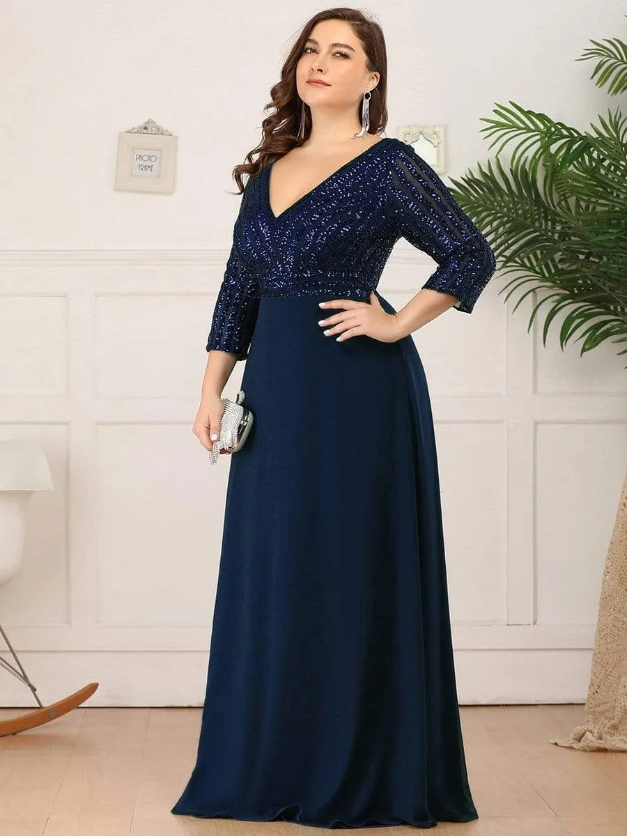 Plus Size V Neck A-Line Sequin Formal Evening Dress with Sleeve